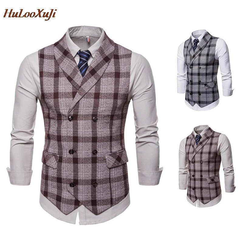 

HuLooXuJi Men Vests Fashion Casual Basic Casual Suit Vest Male Waistcoat Plaid Sleeveless Slim Fit Suit Vest US Size:XS-2XL