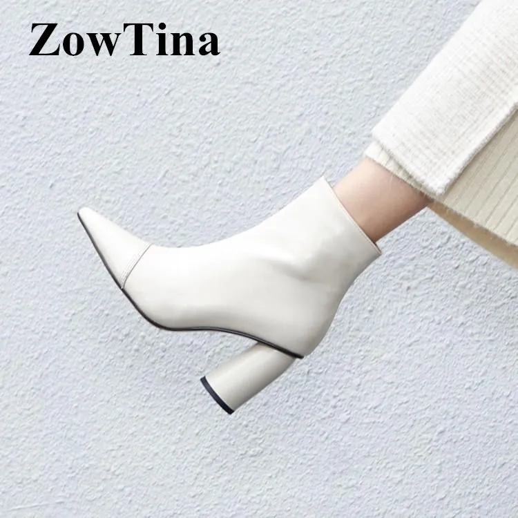 

White Real Leather Women Short Boots Pointed Toe Ladies Winter Chelsea Booties Side Zipper Black 8cm High Heels Bota Feminino