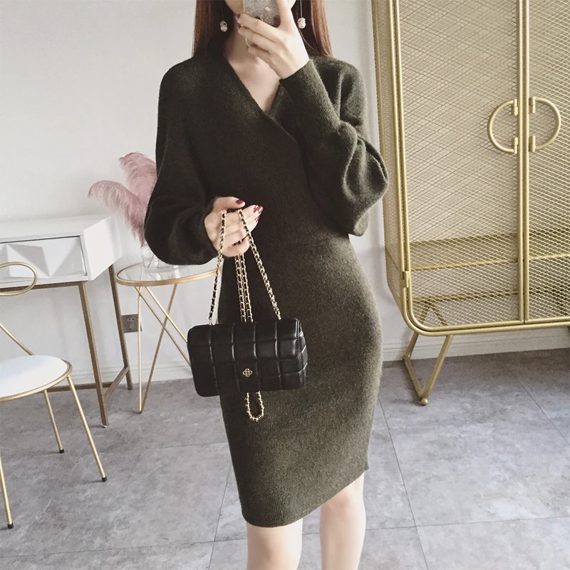 Più Puro Maglia Nuova Collo Natiche Abiti Colore Vestito V brown Blocco Manicotto Nero grigio blu Inverno Vendita grey Formato Donne Festa Collare De Calda Di Del borgogna Delle Vestido arancione Dell'esercito 2018 Il Vadim Scuro verde PqaX17B
