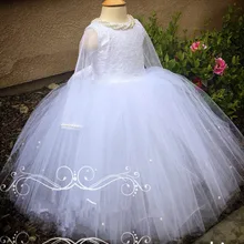 Элегантные сетчатые Длинные рукава принцессы белого цвета/цвета слоновой кости; кружевные платья с цветочным узором для девочек; красивые Бальные платья с бисером на свадьбу, день рождения