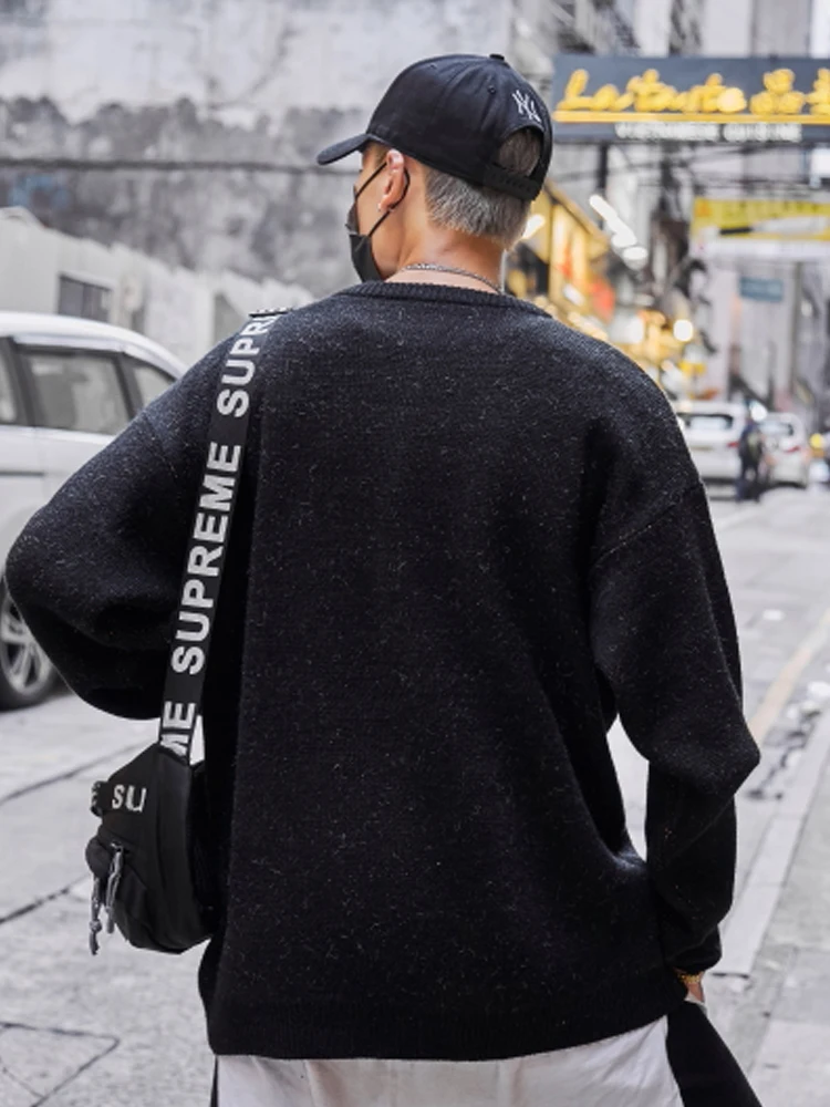 Dark Icon Jacquard Pullover Sweater Men Crew Neck Hip Hop Sweaters Streetwear Cloth Men