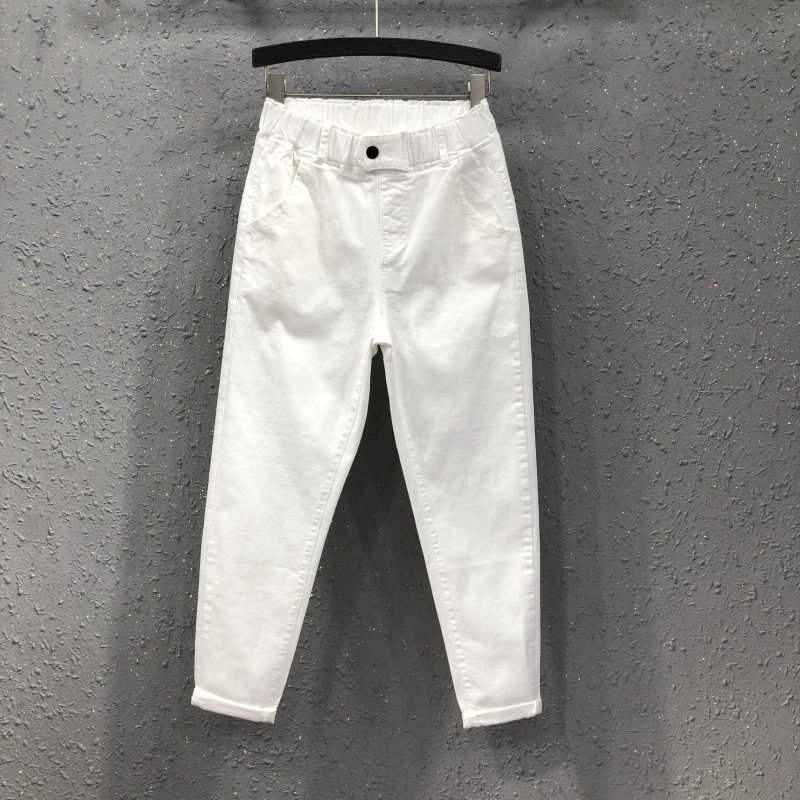 Белые джинсы для женщин в стиле бойфренд, свободные винтажные женские джинсы с эластичной талией, женские вареные джинсовые штаны-шаровары - Цвет: White