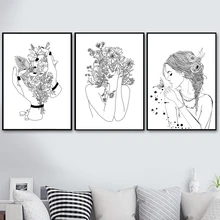 Woman Flower Nordic Poster And Prints Wall Art Canvas Painting Black White Scandinavian Wall Pictures For Living Room Home Decor