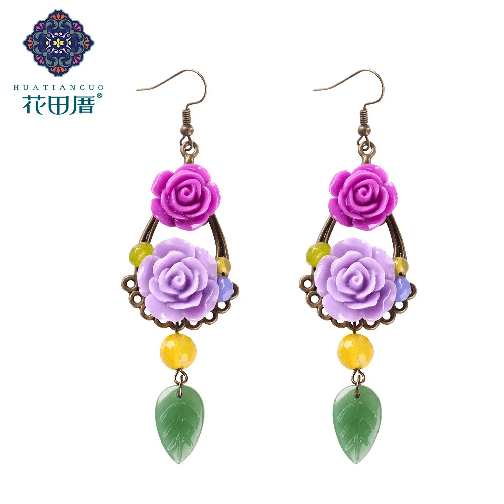 

Ethnic Resin Purple Rose Flower Long Drop Earrings For Women Lampwork Yellow Stone indian Earrings wedding Jewelry Gift EZ-17105