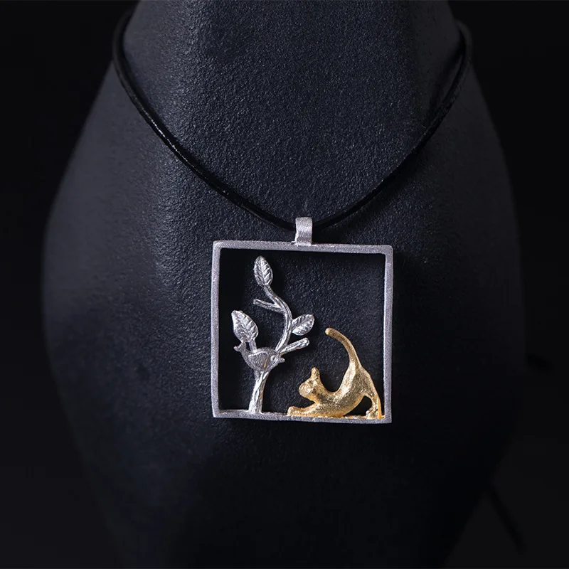 

Cat and Tree Real 925 Sterling Silver Necklace Pendant Natural Handmade Designer Pendant Fine Jewelry for Women Gift 2018 Hot