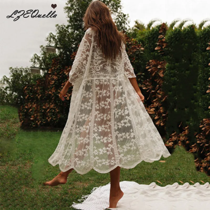 

Summer Beach Sunscreen Cardigans Sexy Hollow out Cardigan Floral Lace Loose Long Mesh Sleeve Blouses Woman Holiday Clothing