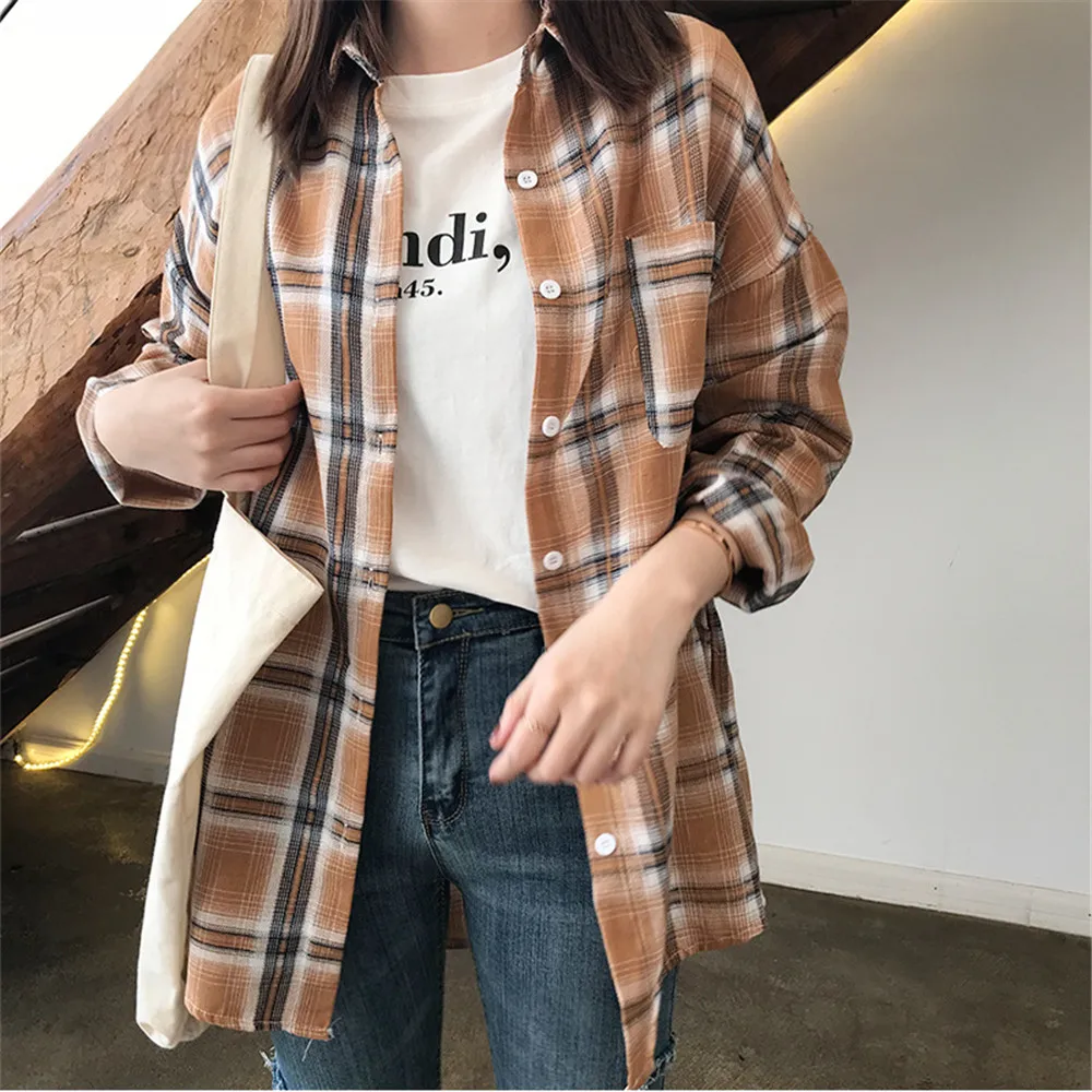 Autumn Boyfriend Style Women Blouse 2018 All Occasion Match casual College shirt long sleeve turn-down collar Plaid Office Shirt (23)