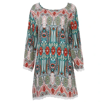 

Women Three-quarters Sleeve Round vocation Dress Neck Vintage Floral Print Casual Beach Dress