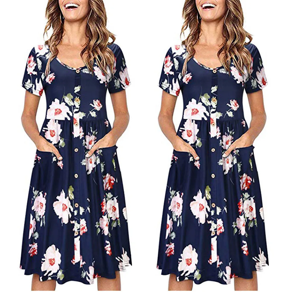 

Summer Dress 2019 Casual Women Printing Short Sleeve V Neck Button Down Skater Elegant Dress with Pockets Dress Bohemian Robe