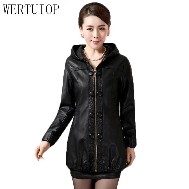 WERTUIOP 2019 Spring And Autumn Leather Jacket Female Leather Female Middle Aged Loose Large Size Leather Jacket Long Coat