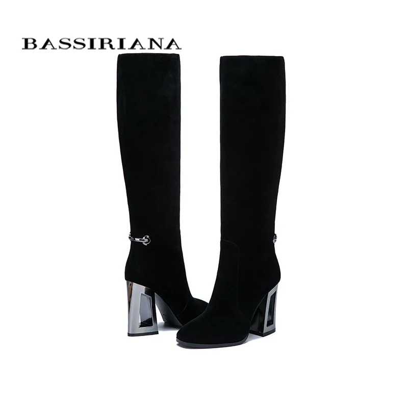 BASSIRIANA New Genuine leather high boots high heels shoes woman black suede beige leather Spring/Autumn zipper 35-40 size