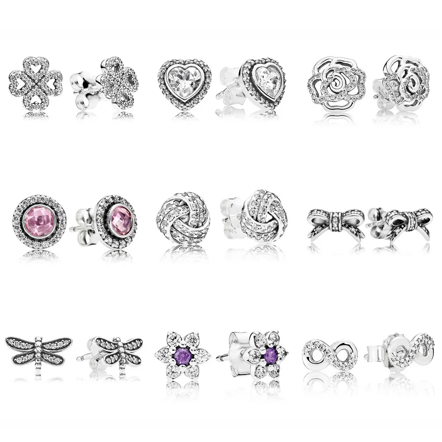 

Sparkling Love Knot Petals Of Love 925 Sterling Silver Earrings Studs For Women Wedding Party Gift DIY Pandora Jewelry