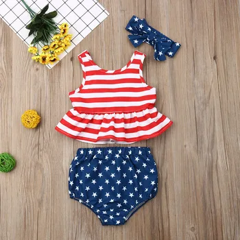 

Pudcoco Summer Newest Fashion Toddler Baby Girl Clothes Sleeveless Striped Ruffle Tops Star Print Short Pants Headband 3Pcs Set