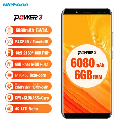 Ulefone power 3 MT6763 восьмиядерный смартфон 6 ГБ ОЗУ 64 Гб ПЗУ 6," 18:9 FHD+ 4 камеры Android 7,1 Face ID 6080 мАч мобильный телефон
