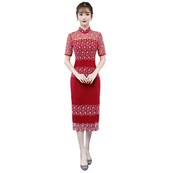 

Shanghai Story Long Chinese Women's dress Lace hollowed Qipao Dress Floral Cheongsam Oriental Dresses