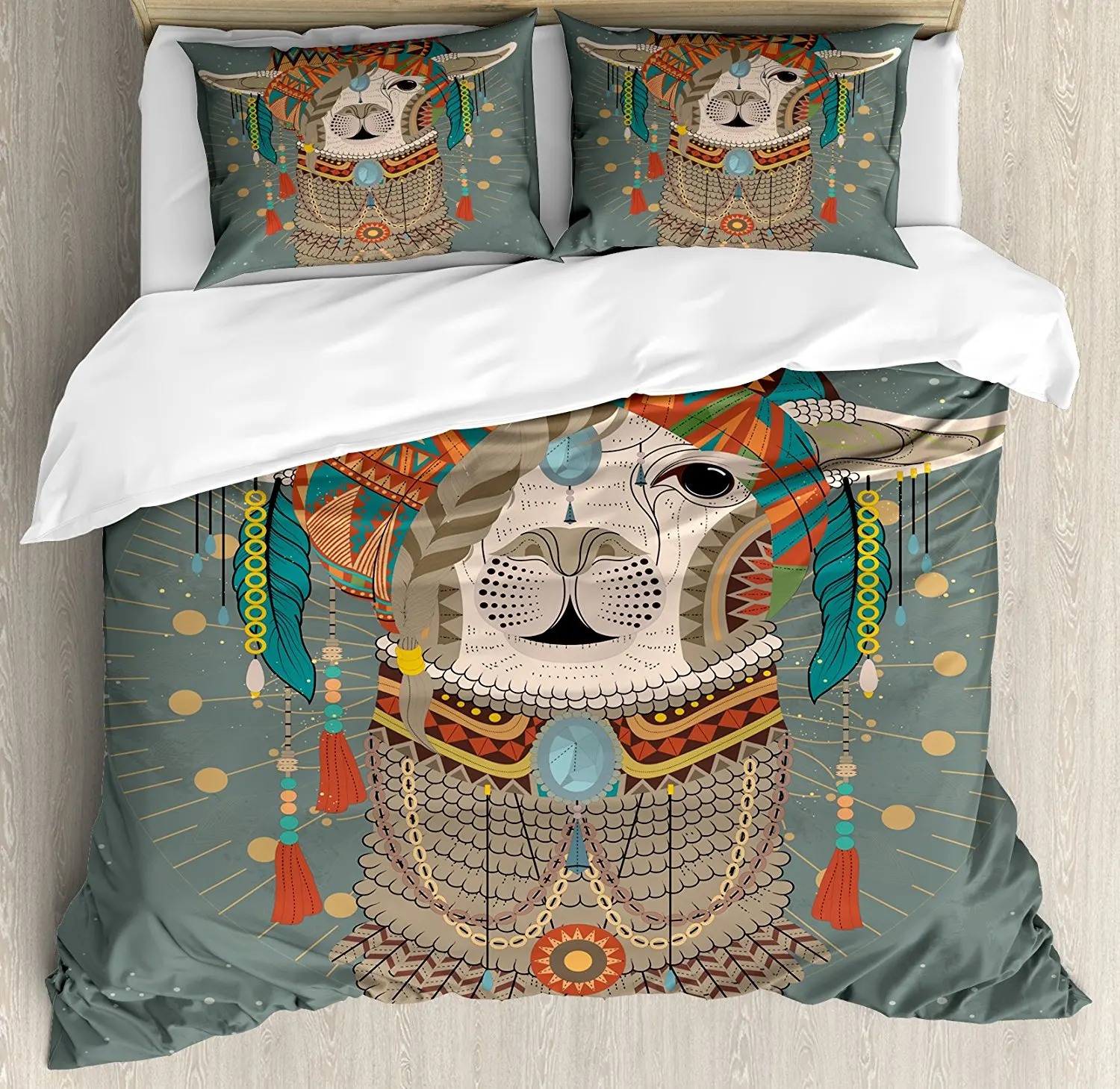 

Llama Duvet Cover Set Colorful Headwear Wearing Llama with Accessories Earrings Necklace Abstract Animal, 4 Piece Bedding Set