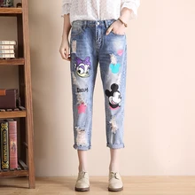 New Women’s Spirng Summer Jeans 2017 Female Loose Hole Cartoon Printed Bigger Sizes Nine Quarter Harem Denim Pants L600
