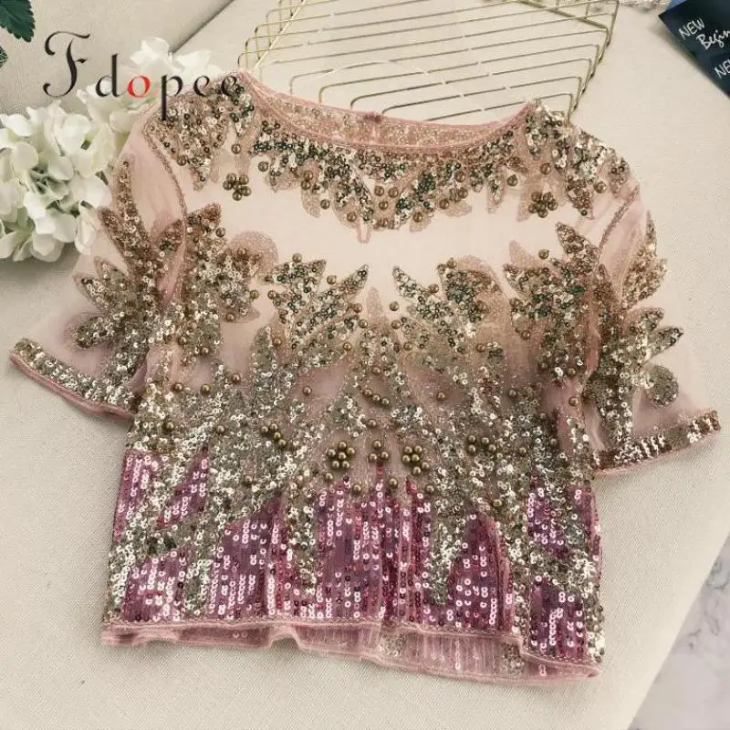 

2019 T-shirt Women Catwalk T Perspective Embroidery Blingbling Sequins Short Sleeve Lace Color Matching Short Personalized Tops