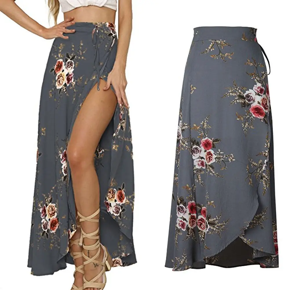 Женские юбки шифон Флористический с высокой талией расклешённая и в складку Длинная пляжная юбка для лета повседневная женская одежда