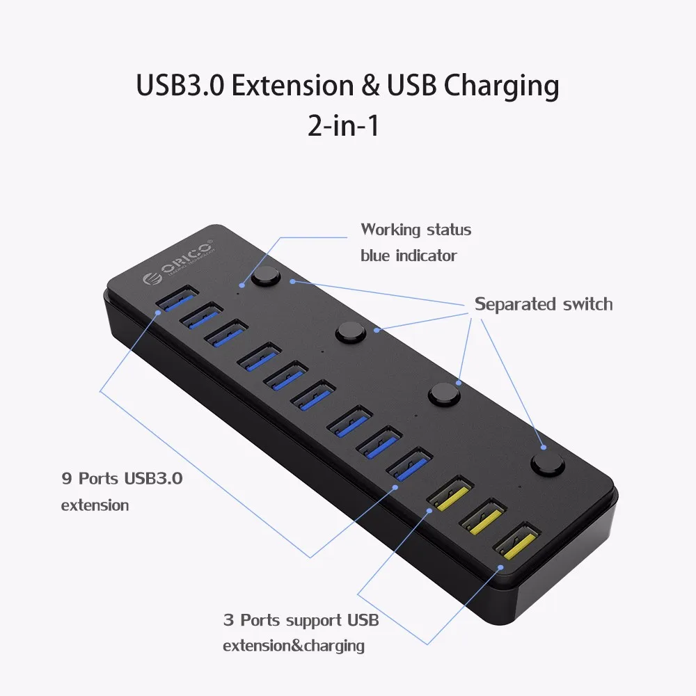 ORICO 60 Вт 12 портов USB 3,0 концентратор с переключателем, включая 3 порта BC1.2 для зарядки 5 Гбит/с Высокоскоростная передача данных USB док-станция