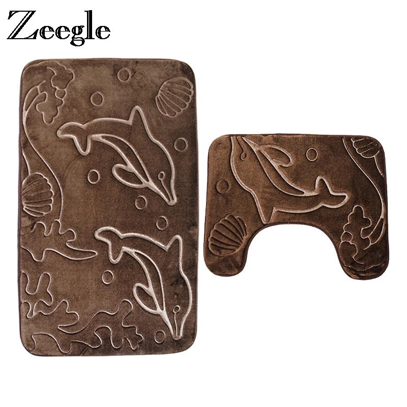 

Zeegle 3D Embossing 2pcs Bath Mats Set Anti Slip Bathroom Mat Set Coral Fleece Floor Mats Washable Bathroom Toilet Rugs