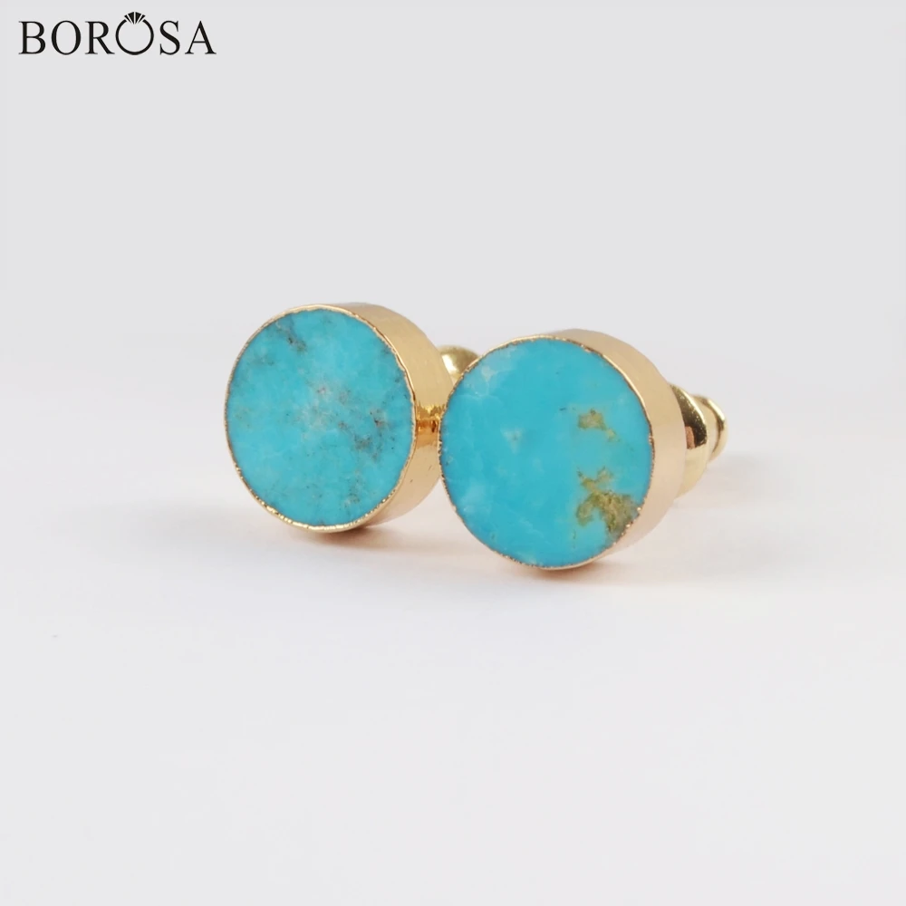 

BOROSA 5Pairs 8mm Round Gold Color Natural Turquoises Stud Earrings Natural Blue Stone Gems Earrings for Lady as Gifts G1823