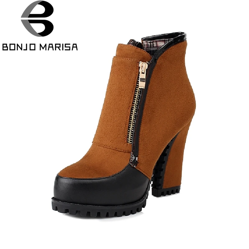 BONJOMARISA 2016 New Snow Boots Women Thick High Heels Add Fur Shoes