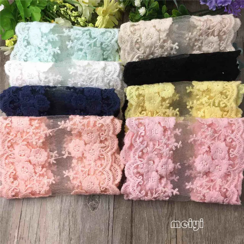 

1yard Vintage Cotton Double Blossom Flower Embroidered Lace Edge Trim Ribbon Crochet Bridal Dress Applique Sewing Craft 11cm