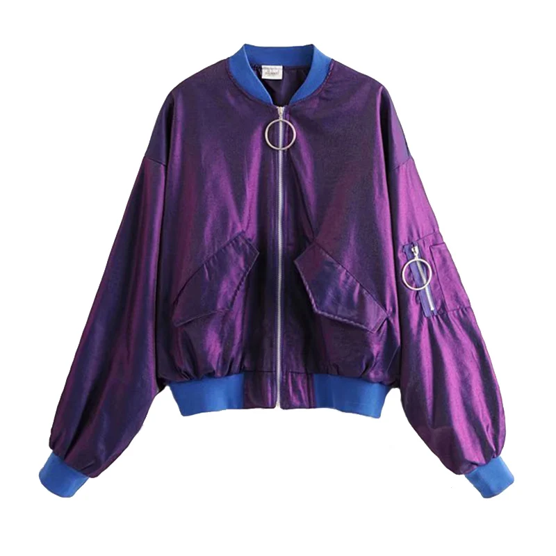 

Fashion Pleated Sleeve Women Basic Coats Autumn Loose Bomber Jacket Women Short Baseball Jacket Pocket Zipper Windbreaker Tops