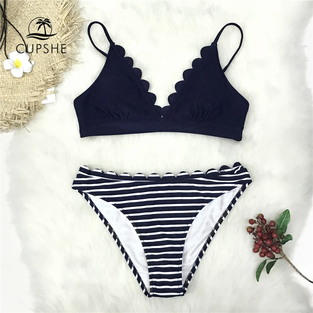 Günstig CUPSHE Nette Grüne Scalloped Bikini Sets 2020 Frauen Solide Zwei Stück Strand Badeanzüge Bademode