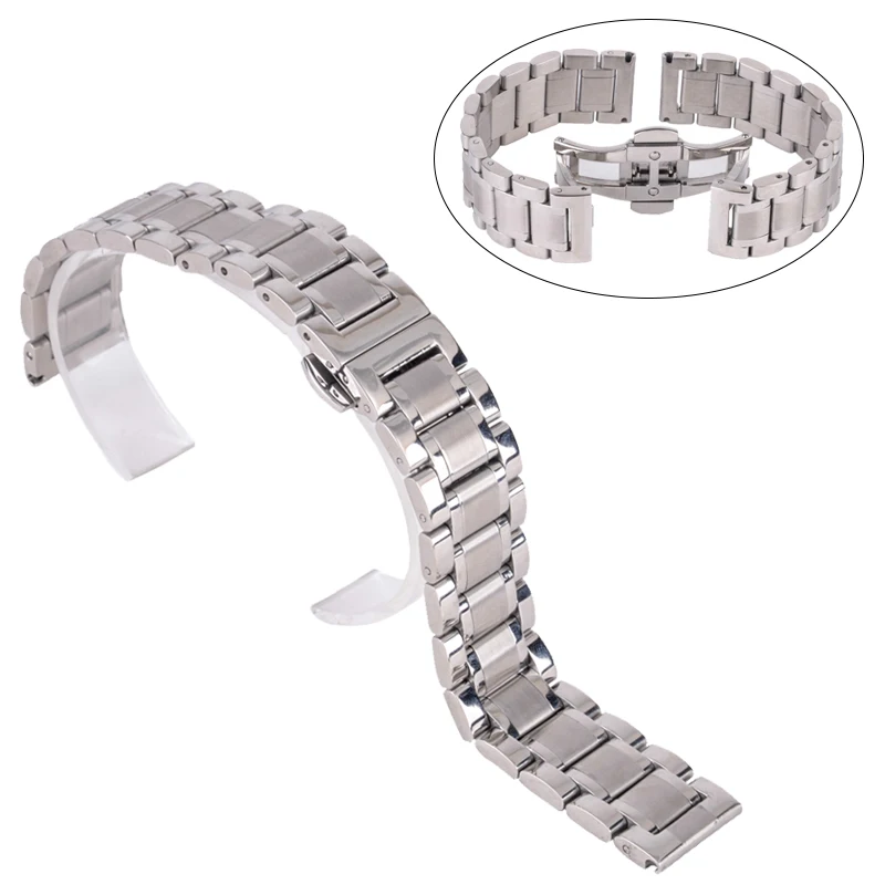 Shellhard New High Quality Silver Black Rose Gold Watchband Stainless Steel Butterfly Clasp Buckle Straight End Watch Band Strap