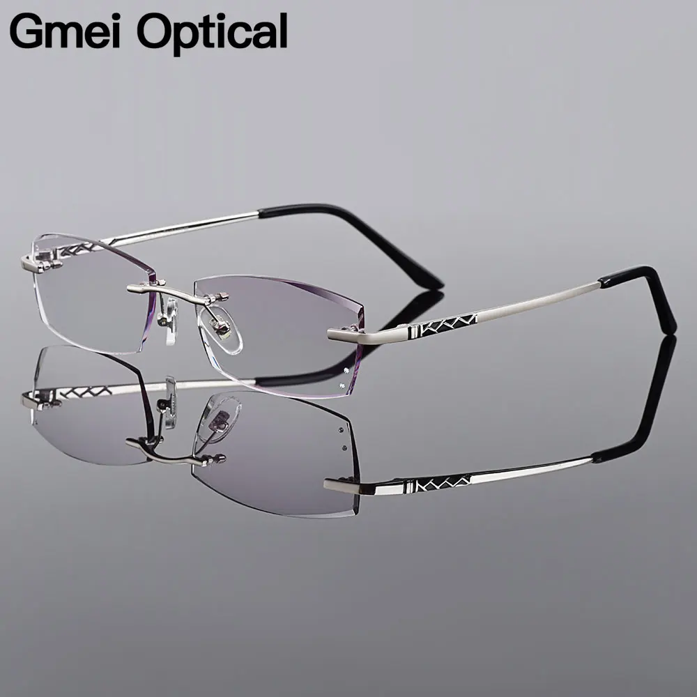 

Gmei Optical Fashion Silver Titanium Alloy Men's Diamond Trimming Rimless Glasses Frame Gradient Grey Tinted Plano Lenses Q5823