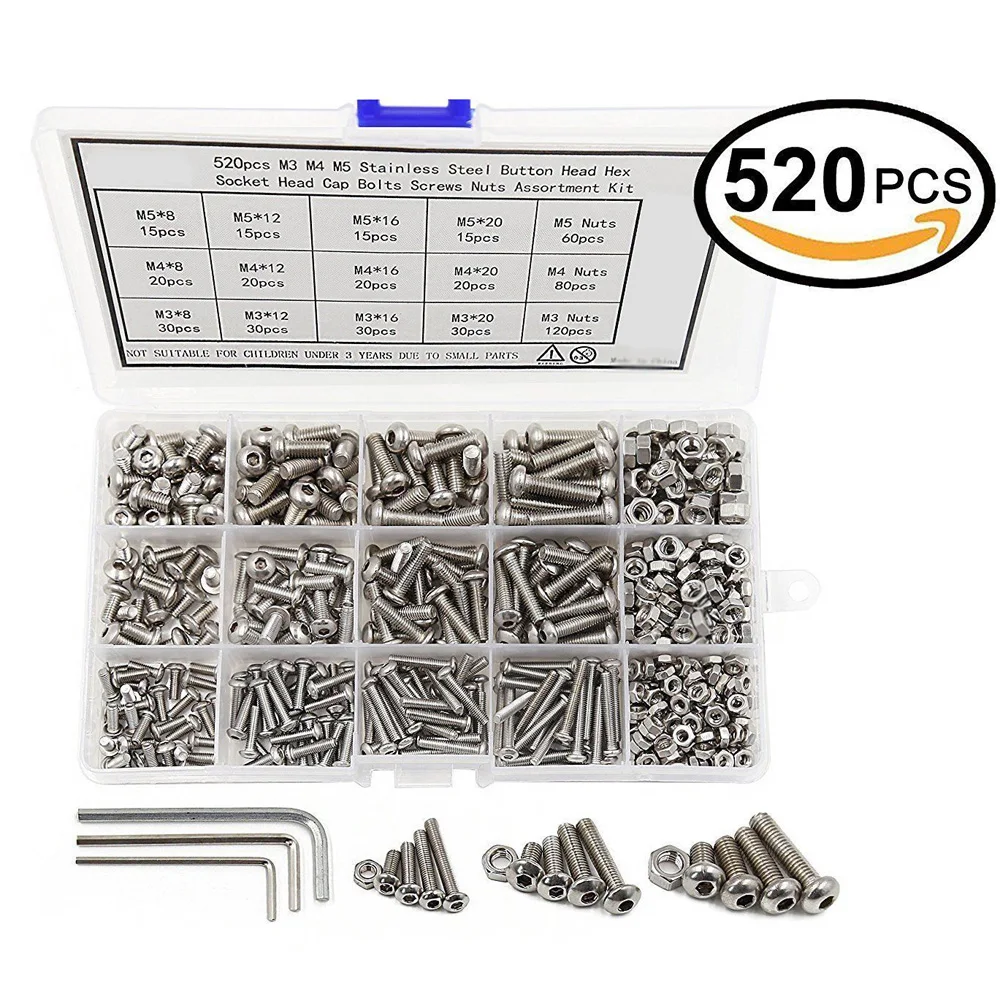 

520pcs/set M3 M4 M5 Stainless Steel Hex Screw Nuts Bolt Cap Socket Assortment Set Screws tool