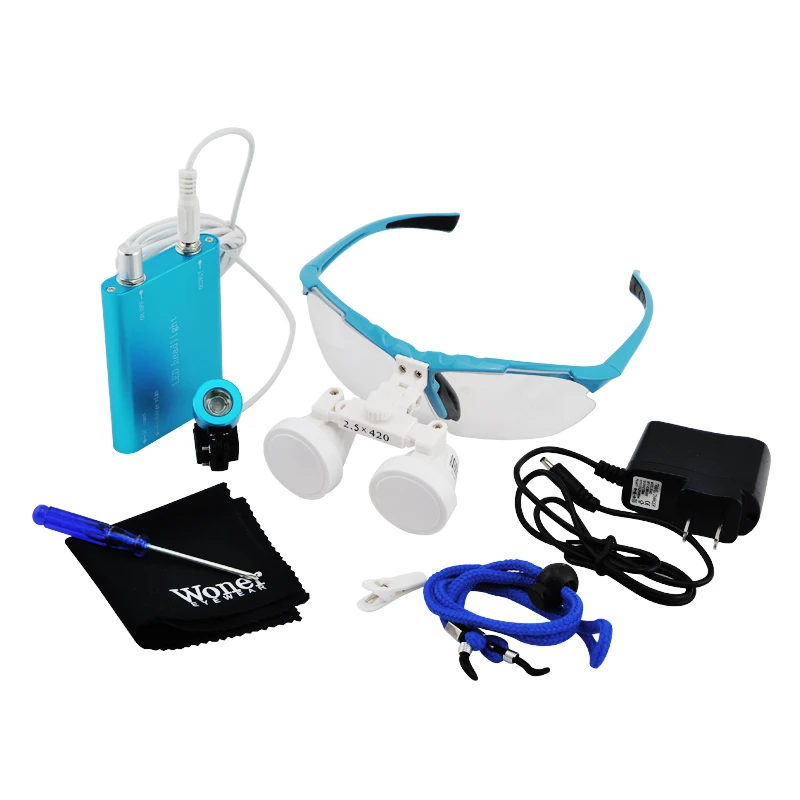 blue 2.5X Dental Loupes Lupen Dentist Optical Glasses 420mm with LED