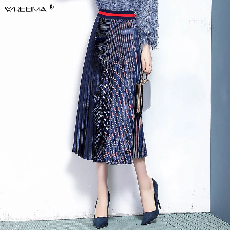 Новинка, женская элегантная плиссированная юбка миди в полоску с принтом, faldas mujer, Женская юбка с эластичной талией и оборками, повседневные тонкие шикарные юбки, весна