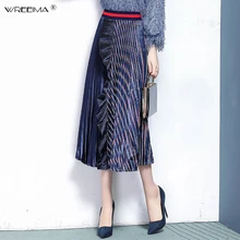 Новинка, женская элегантная плиссированная юбка миди в полоску с принтом, faldas mujer, Женская юбка с эластичной талией и оборками, повседневные тонкие шикарные юбки, весна