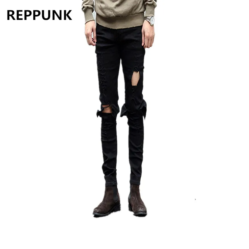 

Summer Stretch Ripped Men jeans Hip Hop Slim Fit Knee Big Destroyed Broken Demin Trousers Blue&Black Damaged elastic Swag PANTS