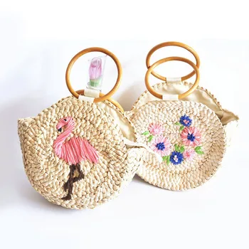 

Rattan ring handle straw bag embroidered flamingo flower corn woven handbag