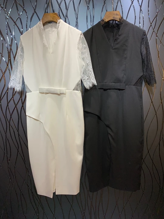 

2019 Summer New Women's V-neck Dress 707 with Irregular Opening and Lace Stitching