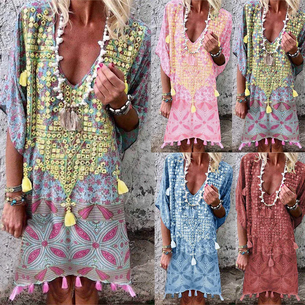 

Vestidos 2019 Women's Dresses Spring Summer Dress Women Print Bat Short Sleeve Low Cut Beachwear Casual Loose Mini Boho Dress