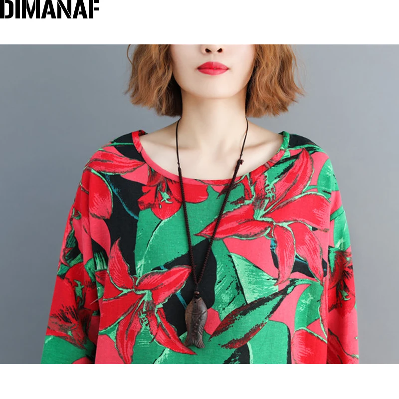 DIMANAF Plus Size Women T-Shirts Cotton Loose Casual Long Sleeve Tees Shirts Lady Tops Print Floral Female Clothes 2019 Spring