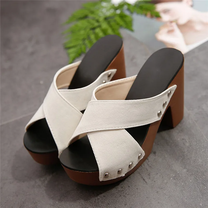 Summer Women Platform Flip Flop Shoes Wedge Heels Sandals Fashion Solid Female Cross Strap Chunky Heel Comfortable Sandals#40 - Цвет: Beige