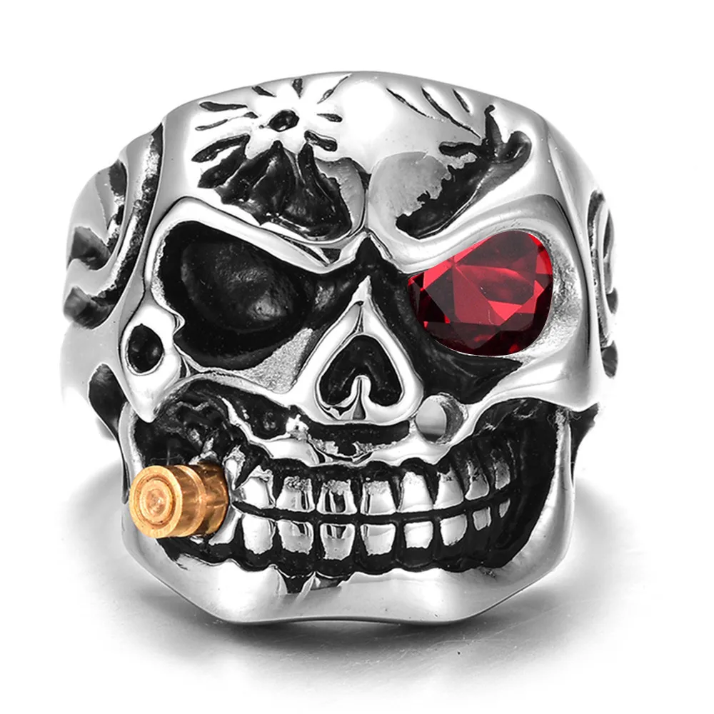 

Large US Size Gothic Punk 2018 Smoking Skull Skeleton Men's Street Rings Rock Stainless Steel Hip Hop Male Crystal Ring for Men