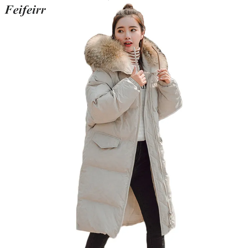 2018 зима новый корейской версии в длинный пуховик хлопка padd пальто Для женщин свободные с капюшоном большой меховой воротник теплая куртка