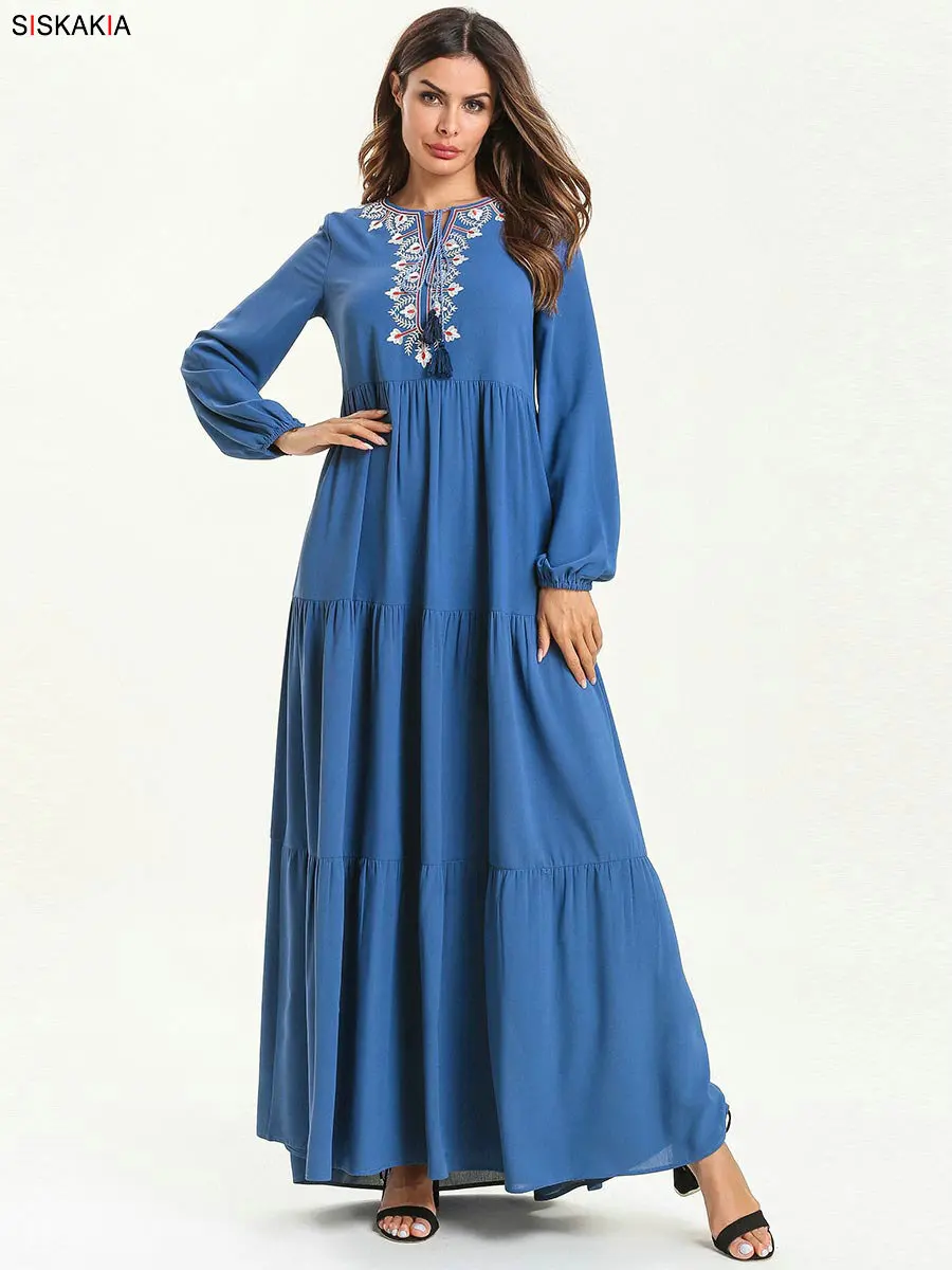 Siskakia многослойное ДРАПИРОВАННОЕ лоскутное мусульманское длинное платье Рамадан однотонное этническое геометрическое Платье макси с вышивкой длинный рукав