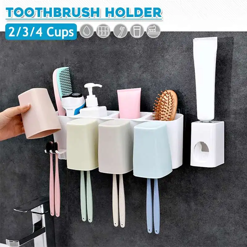 

Meigar 2/3/4 Cups Toothbrush Holder With Toothpaste Dispenser Wall Mount Rack Bathroom Tools Set Bathroom Accessories Set