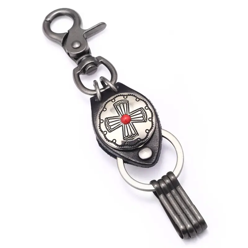 

Trend New Christ Cross Alloy Keychain Vintage Men's Key Accessories Luxurious Red Stone Green Stone Mosaic Keychain For Gift