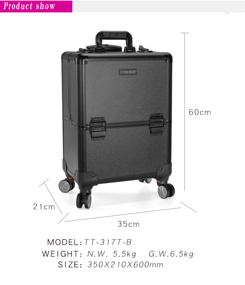 TENSUNVIS профессиональный косметический чемодан на колесиках косметический поезд коробка тележка черный
