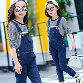 

new teenage girls jumpsuits denim girls clothes kids waterproof trousers for 12 year dark blue overalls causal children clothing