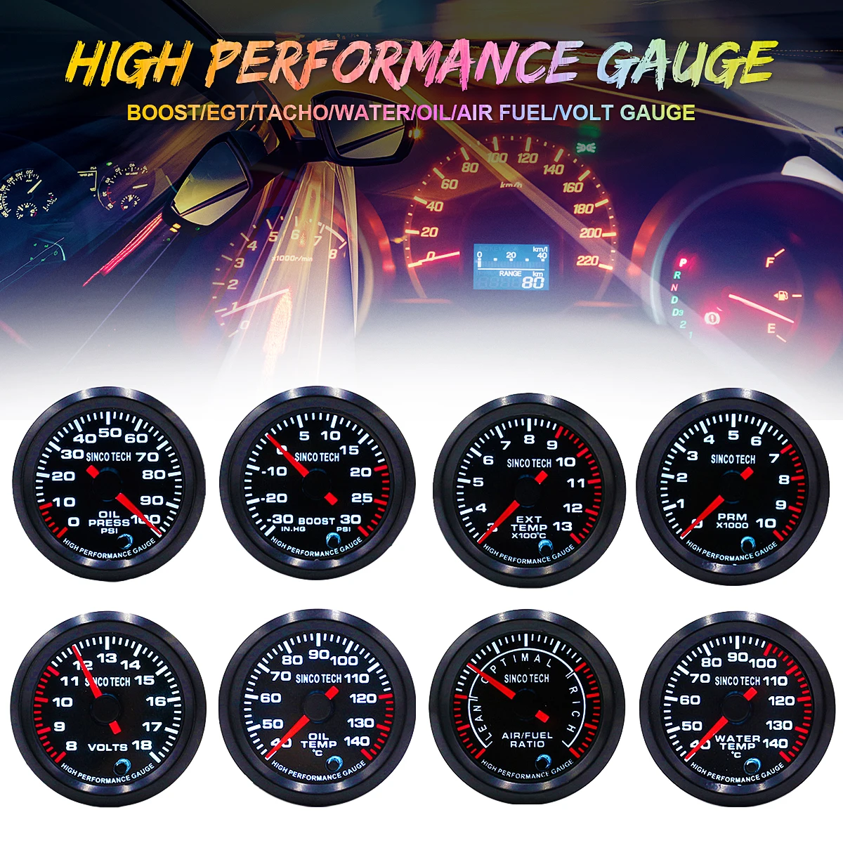 

LED Digital Display Car Gauge 52mm EXT temp/Air Fuel/Volts/Oil press/Oil Temp/Water temp/Boost/Tachometer Gauge Aluminum 7 Color